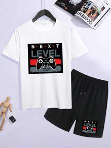 Men's Summer Letter & Gaming Console Print T-Shirt And Drawstring Waist Shorts Set - White - View 3