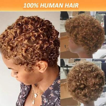 Pixie Cut Afro Curly Human Hair Wig - Human Hair Deep Wave, #27 Brown Honey Blonde Remy Human Hair 250% Density, Glueless Design For Women, Perfect For Daily Wear, Parties, And Cosplay, Basic Style, Machine Made Rose Net Cap