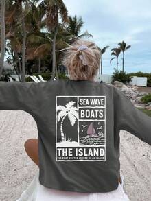 Áo thun cổ tròn rộng rãi in hình cây cọ và khẩu hiệu mùa thu/đông 2025 dành cho nữ, từ trang phục thường ngày đến trang phục sang trọng cho đêm: Khám phá những chiếc áo thun dài tay dành cho nữ dễ dàng thích ứng với nhiều dịp khác nhau và tạo nên vẻ ngoài hoàn hảo - Màu xám đen - Xem 6