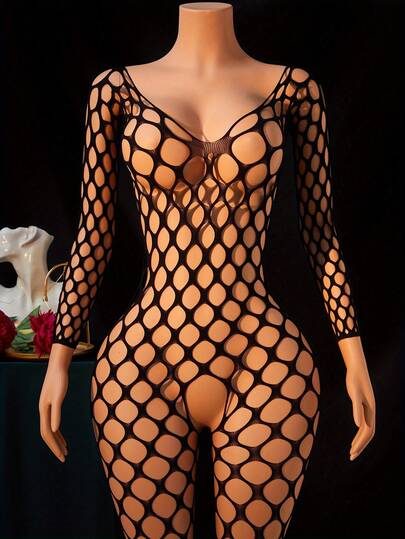 Plus Size Fishnet Bodysuit, Sheer Mesh Bodystocking With Geometric Cut-Outs & Slit Design, Sexy Plus Size Lingerie For Valentine's Day & Halloween