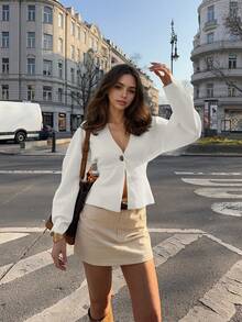 2026 Primavera/Verano Nuevo Cárdigan de punto de mujer de manga larga con cuello en V, abotonadura sencilla y botones metálicos, de unicolor, elegante y casual, talla grande, color blanco, adecuado para el Día de San Valentín, cumpleaños, crucero y conciertos de mujeres - Blanco - Ver 4