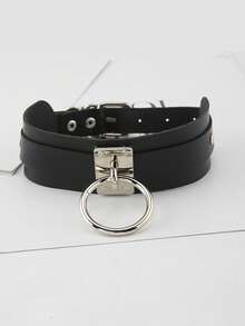 1件装女士金属圆盘颈链，PU皮革朋克夸张个性项链，街头风牵引链项圈