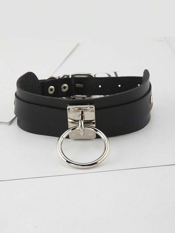 1pc Women's Metal Plate Circle Choker Necklace, PU Leather Punk Exaggerated Personalized Necklace, Street Style Leash Chain Neck Collar