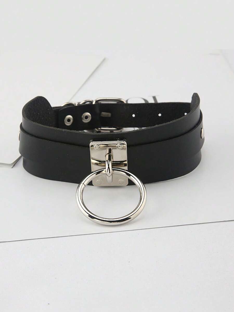 1件装女士金属圆盘颈链，PU皮革朋克夸张个性项链，街头风牵引链项圈