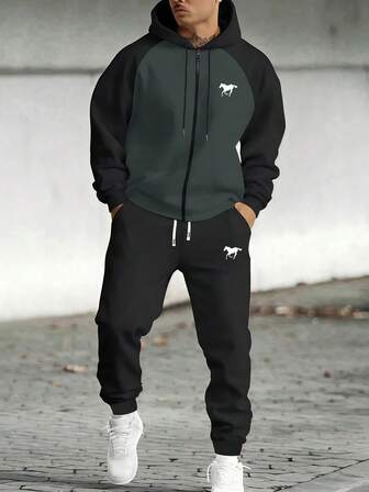 Men's Personalized Contrast Color Patchwork Zip-Up Hoodie Jacket With Horse Print, Casual Spring/Autumn Outfit With Drawstring Waist Pants, 2 Pieces Set, Suitable Gift For Husband/Boyfriend