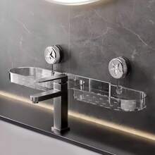 无孔水龙头架,透明壁挂式水龙头架,适用于浴室/厨房,可重复使用的洗漱用品和化妆品收纳架,非常适合放在镜子/水槽/淋浴下方,是送给租房者/妈妈/组织者的绝佳礼物,非常适合乔迁和母亲节,重型防水架 - 彩色 - 查看 17