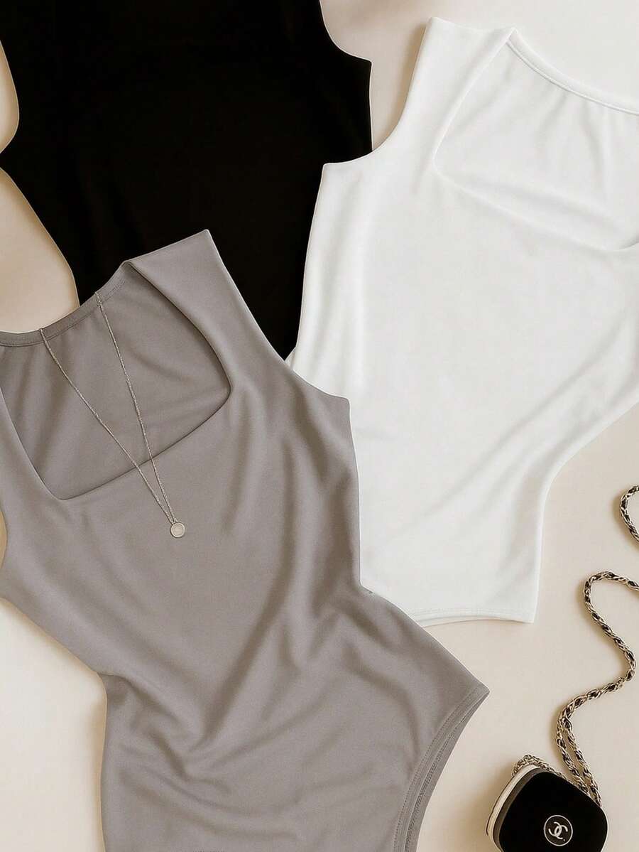 Kit 3 Body Bori Bory Feminine Tank Top Thick Strap Closed Back Square Neckline Suplex Chic Elegant Versatile - Đen/Trắng/Đen - Xem 1