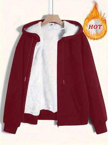 Plus Size Women Solid Color Fleece Zip-Up Jacket, Basic Style, Warm For Autumn/Winter - Burgundy - View 1