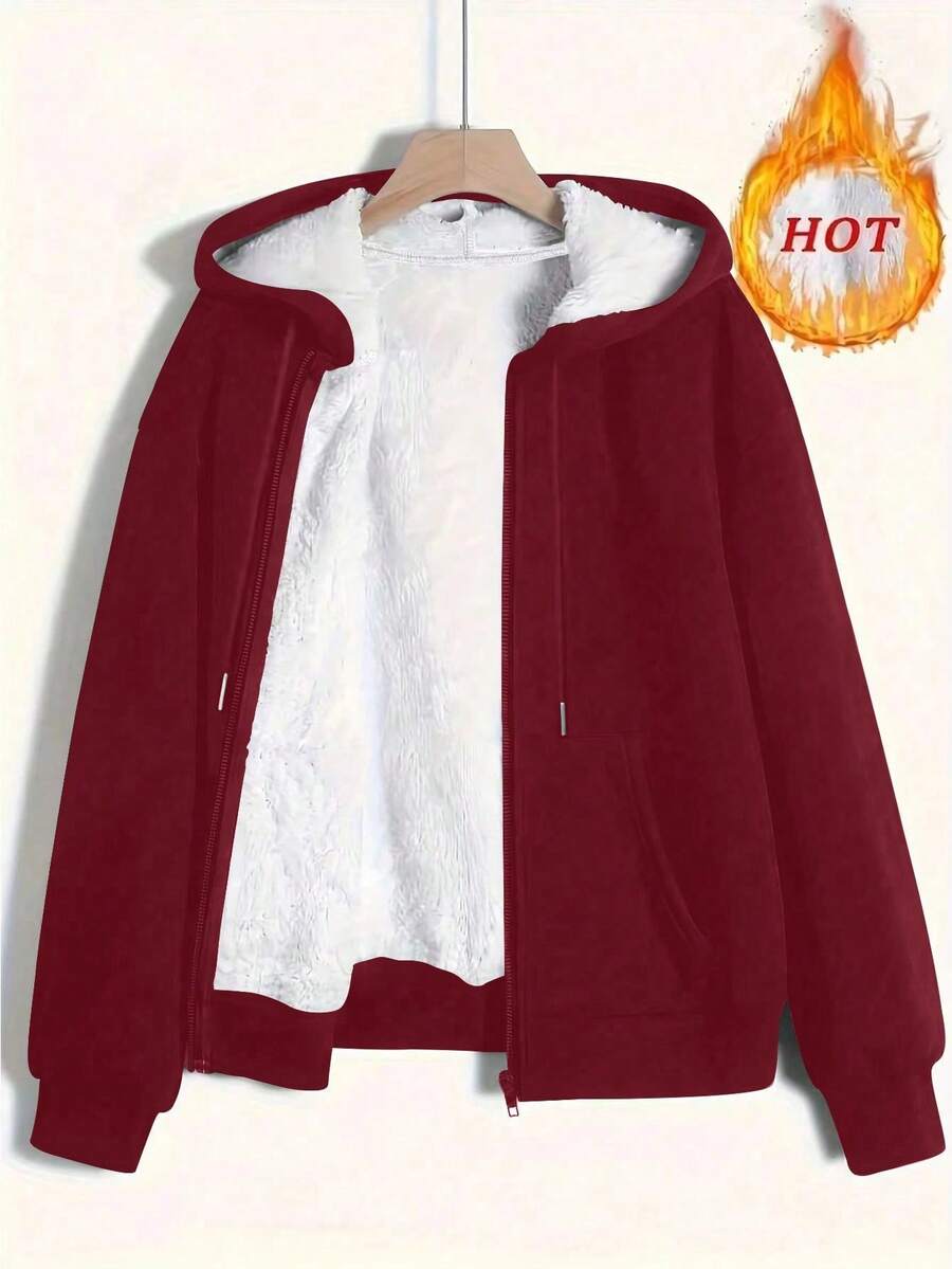 Plus Size Women Solid Color Fleece Zip-Up Jacket, Basic Style, Warm For Autumn/Winter - Burgundy - View 1