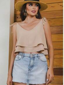 Alicie Women's Blouse With Straps, Ruffled V-Neck, Cropped - 卡其色 - 查看 2