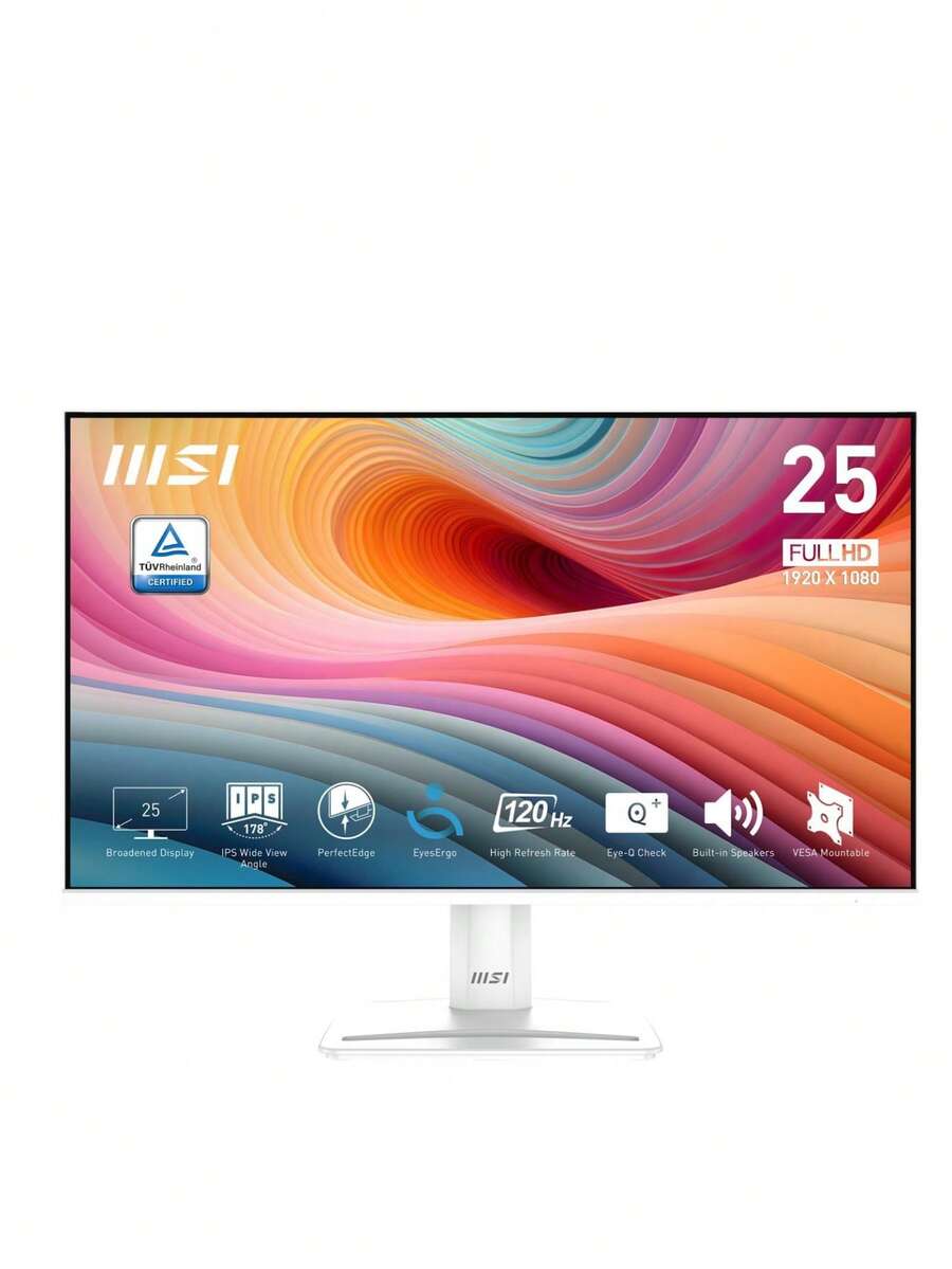 MSI PRO MP251W E2 24.5-Inch IPS 1920 X 1080 (FHD) Gaming Office Monitor, 120Hz, Adaptive Sync, HDR Ready, HDMI, VGA Port, Display Port,VESA Mountable, Tilt, Speaker, 4-Side Slim Bezel ,1ms, White - 美規A型插(110-127V) - 查看 1