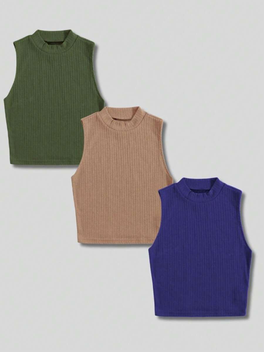 Kit With 3 Cropped High Neck Ribbed Women's Blogger Blouses - xanh lá cây/nude/xanh nước biển - Xem 1