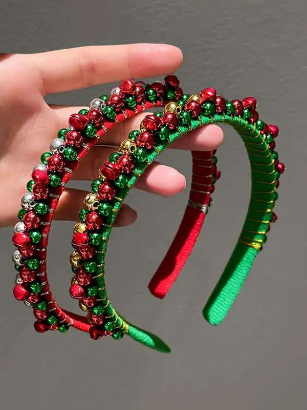 1 pezzo Fascia per capelli natalizia rossa e verde realizzata a mano con perle finte, stile europeo e americano, decorazione per capelli con corona di campanelle natalizie, accessorio per capelli adatto per feste di Ognissanti, Natale e altre occasioni, essenziale per l'abbigliamento autunnale e le decorazioni natalizie per la casa