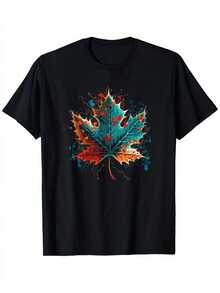 Camiseta de Estilo Masculino y Femenino con Salpicaduras de Tinta de Hoja de Arce Canadiense Vibrante - 100% Algodón, Diseño Rojo y Azul Intenso, Lavable a Máquina, Regalo Perfecto para Hombres, Mujeres, Papá, Mamá, Amigos - Tallas S a 3XL, Negro 180g - Negro - Ver 1
