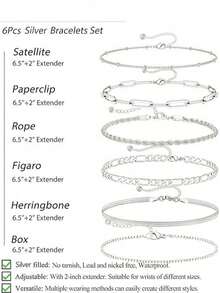 6 Pieces Of Bracelet Set, Alloy Round Bead Chain Box Chain, Simple And Fashionable Bracelet, A Versatile Jewelry Collection Suitable For Daily Wear, Including Paper Clip Chain, Herringbone Chain And Figaro Chain Design
