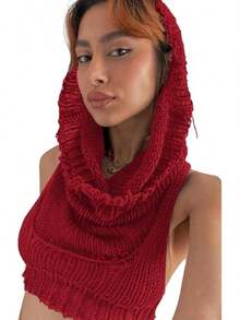 Women Knitted Hoodie Sweater Vest Sleeveless Hollow Out Hooded Crop Top Streetwear Rave Oufit - 紅色 - 查看 5