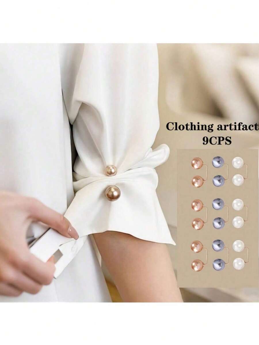 3 色 9 件套装仿珍珠 T 恤领带夹套装缠绕固定器腰扣纽扣服装装饰，领口调节防滑时尚配饰，适合造型穿着、节日装扮