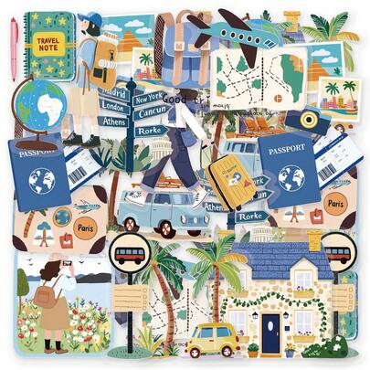 30pcs Outdoor Decorative Stickers Including Coconut Tree, Airplane, Travel Bag, Suitable For Scrapbooking, Albums, Luggage, Office Computers, School Notebooks, Pencil Cases, School Supplies, Party Decorations, Student Stationery