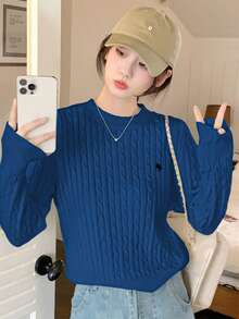 韩版优雅纹理圆领女式长袖刺绣套头毛衣