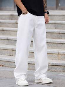 1件 Justice Brother 休闲宽松直筒牛仔裤，简约港式男士时尚舒适长裤，四季皆宜 - 白色 - 查看 7