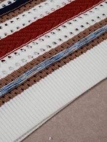Fashionable Casual Round Neck Striped Hollow-Out Contrast Color Ribbed Trim Beach Sweater For Women, Spring/Summer - Multicolor - View 5