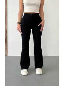 女款高腰萊卡彈性喇叭褲 - 黑色 - 查看 2