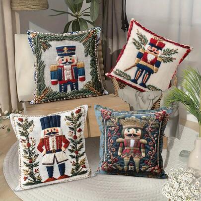 1 件仿刺绣胡桃夹子圣诞图案套装饰枕套方形靠垫套，涤纶纤维材质，多种胡桃夹子风格图案设计和逼真的仿刺绣视觉感，适用于圣诞派对家居沙发椅装饰圣诞节装饰品