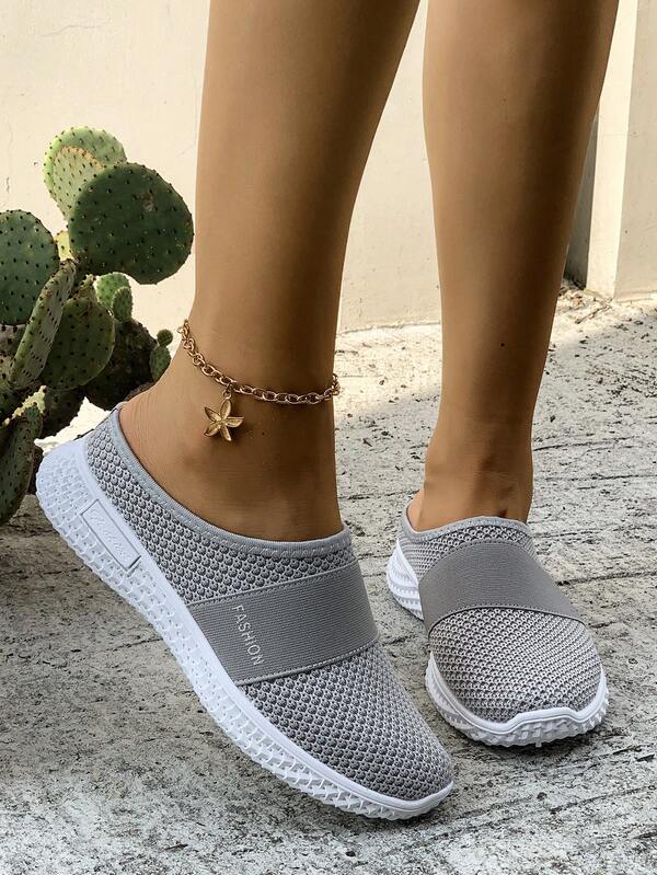 Modische personalisierte hellgraue gestrickte Mesh Damen Outdoor Sportschuhe, atmungsaktiv, bequem, rutschfest, Slip-On Lässig Pantoletten