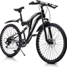 24 26 Inch Mountain Bike For Boys And Girls, 7-Speed MTB Bicycle With Dual Full Suspension, High-Carbon Steel Frame, Double Disc Brake, Softail Mountain Bike For Teenager And Youth Outdoor Adventure - 黑色 - 查看 2