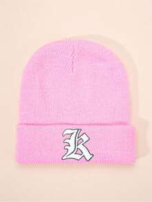 1 件哥特式 26 个英文字母刺绣儿童针织帽，男孩女孩户外休闲冬季保暖寒冷天气帽，适合日常穿着和服装 - 粉色 - 查看 25