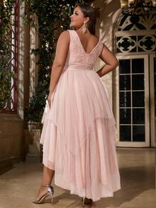 大碼深V領高低下擺網紗洋裝 - 藕粉色 - 查看 5