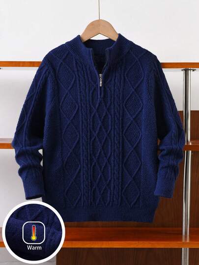 Suéter de cuello alto con media cremallera de punto de cable de unicolor para niños preadolescentes, para uso escolar y casual, apto para primavera/otoño/invierno