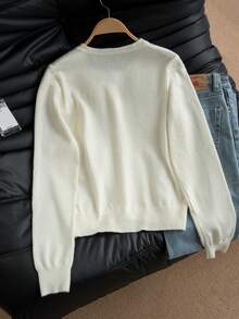 Apricot Crew Neck Knit Cardigan For Women, Frill Trim Patchwork Minimalist Design, Long Sleeve Warm & Comfortable Sweater Jacket, Suitable For Winter, Christmas, New Year - Apricot - View 8