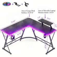 Modern L-Shaped Gaming Desk With Movable Monitor/Tablet Stand, Esports Desk, Game Table, Metal Frame Computer Table With Black Willow Wood Tabletop Or Carbon Fiber Desktop, Versatile L Shaped Corner Desk With Speaker + Light Strip + Headphone Hook + Cup Holder, Area Of Large Desk Surface: 10.59 Ft², Monitor Stand: 1.04 Ft², 51.03"X51.03"X29.25" - B & CF Desktop + Light Strip + Cup Holder + Headphone Hook - View 3