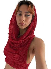 Women Knitted Hoodie Sweater Vest Sleeveless Hollow Out Hooded Crop Top Streetwear Rave Oufit - 紅色 - 查看 1