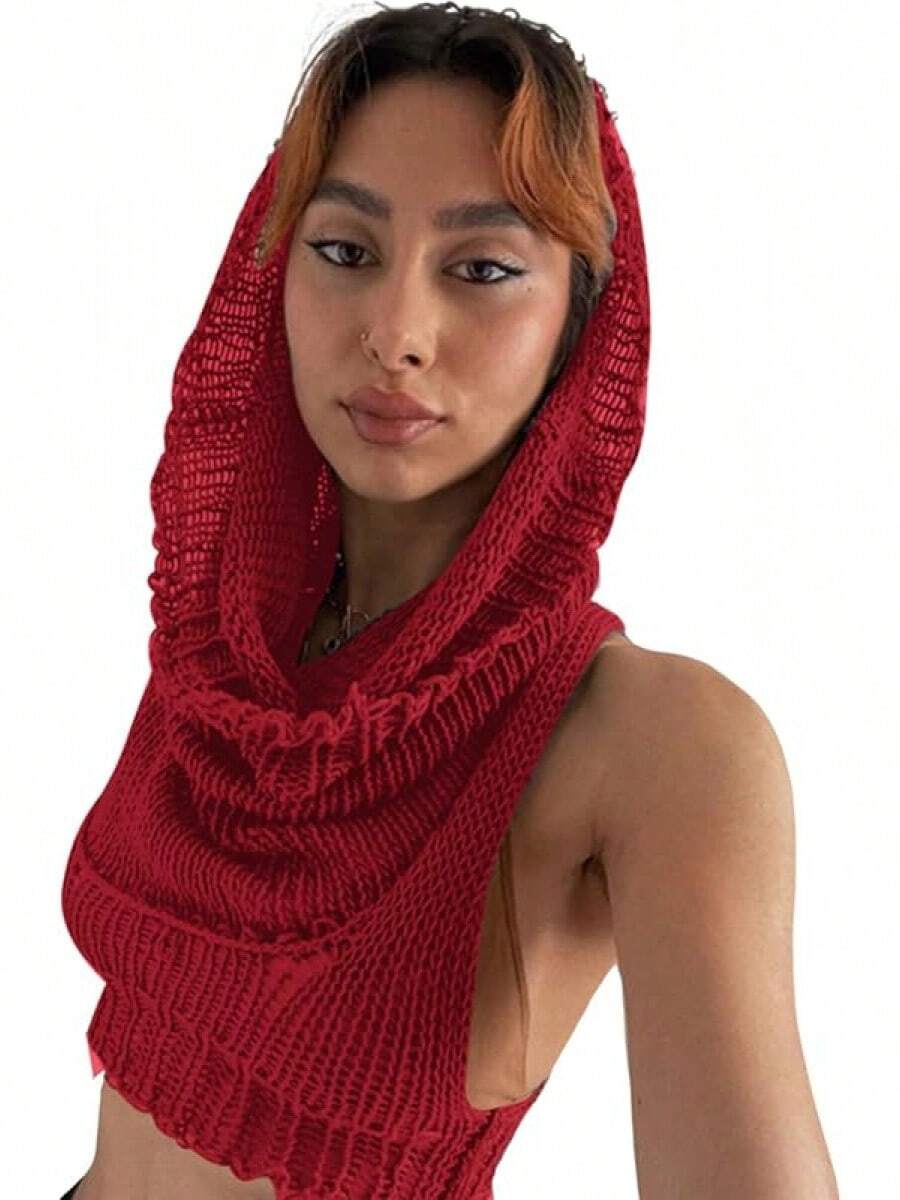Women Knitted Hoodie Sweater Vest Sleeveless Hollow Out Hooded Crop Top Streetwear Rave Oufit - 紅色 - 查看 1