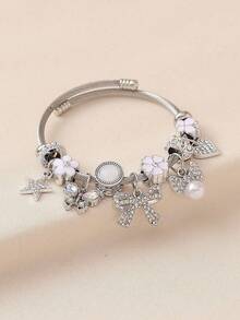 1pc Women's Versatile Beaded Bow Adjustable Bracelet, European & American Style - Silver - View 7