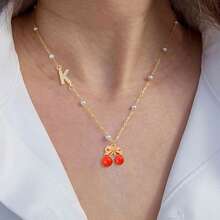 1pc New Fashion Initial Cherry Pendant Bead Chain Necklaces For Women - Yellow Gold - View 1