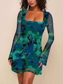 SEBOWEL Tie Dye Print Ruched Mesh Slim Mini Dress Women Elegant Floral Square Neck Long Sleeve Bodycon Club Party Cocktail Dresses, Casual Spring Fall Winter Dress - 綠色 - 查看 1