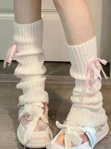 1 par de meias femininas de malha canelada com laço fofo, meias estilo bota formal, meias longas para festa - Multicolorido - Ver 5