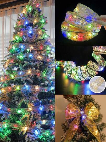 金色丝带圣诞装饰灯串，圣诞 LED 灯串，78.7 英寸圣诞丝带仙女灯，圣诞树吊坠礼物，装饰丝带灯带非常适合圣诞节、新年、婚礼派对、室内外楼梯壁炉装饰、花园、家居、客厅、生日礼物、蝴蝶结缎带装饰、闪闪发光的装饰、圣诞树灯（电池供电，无需插头）