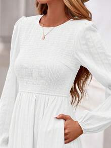 Womens Long Sleeve Fall Dresses Casual Crew Neck Smocked High Waist Tiered Flowy Maxi Dress With Pockets - 白色 - 查看 5