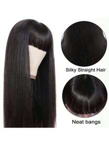 Straight Wigs Human Hair With Bangs 180% Density Brazilian Virgin Human Hair Wigs For Women Glueless Wigs Human Hair Machine Made None Lace Front Wigs Natural Color (8-36inch), 3S Put On & Go Affordable Human Hair Wig, Quick Install - Natural Black - Xem 3