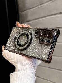 奢华电镀透明手机壳，带指环磁吸支架，镶钻闪亮Y2K风格，夏季新款时尚硅胶防震软壳，兼容 16/16e/15/14/13/12/11/X/XS/XR/8/7 Plus/Pro/Max/Mini，三星Galaxy S24/S25 Ultra，小米Redmi，华为荣耀，OPPO Reno，摩托罗拉，Infinix Women 2025，国际版，非国内版 - 黑色 - 查看 3