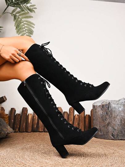 Fall/Winter 2025 Women's Fashion Thick Heel Boots, High-Quality Versatile Tall Boots With Side Zipper And Front Lace-Up