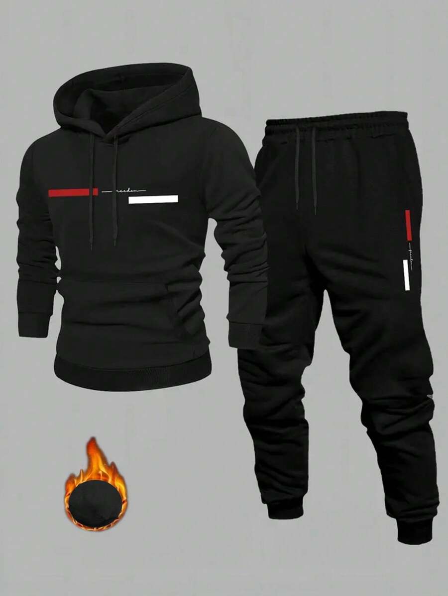 2pcs/Set Men's Casual Cartoon Paris Letter Drawstring Pocket Hoodie And Drawstring Sports Pants Suit Black Spring - Black - View 1