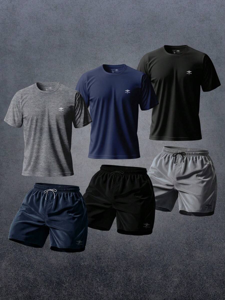 Kit 6: 3 Dry Fit T-Shirts And 3 Basic Printed Summer Sport Shorts - Variación 3 - Ver 1