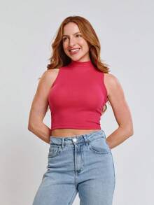 Kit With 3 Cropped High Neck Ribbed Women's Blogger Blouses - đen/hồng/trắng - Xem 4