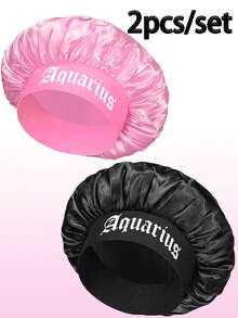 2件装缎面十二生肖印花睡帽，缎面丝绸睡帽，适合女孩睡眠，丝绸睡帽，带松紧带的卷发睡帽。（印花图案随机。）头发睡眠帽 睡眠帽 - (黑+粉)-星座-2pcs - 查看 19