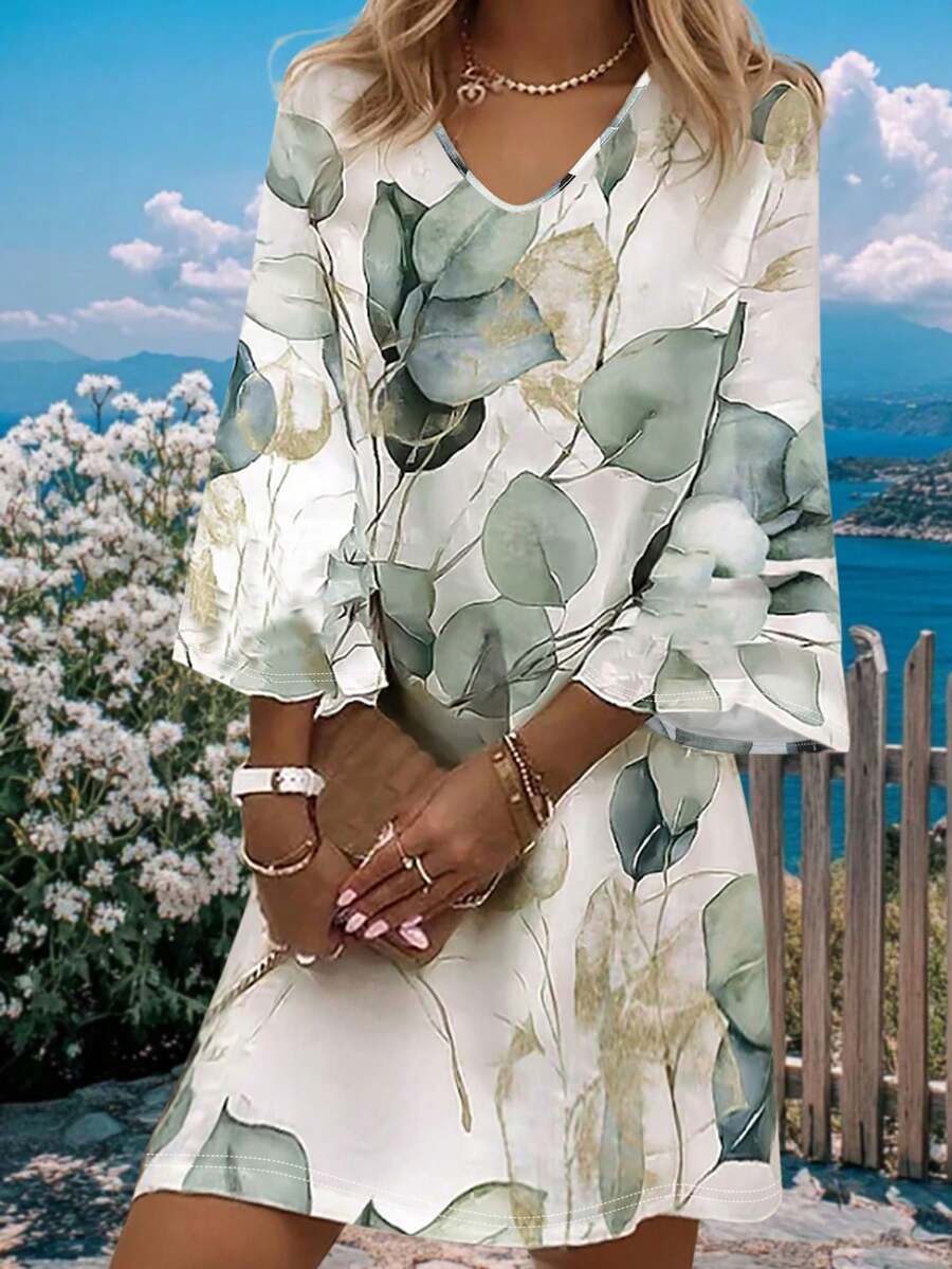 New Popular Style In Autumn And Summer, Fashionable And Casual Vacation Style, Light And Elegant, Slim And Suitable For Women To Go Out, Travel And Work, Summer Fall Clothes For Women New Arrival Fashionable Vacation Style Floral Print Mid-Sleeve Dress,Fall Clothes For Women - trắng - Xem 1